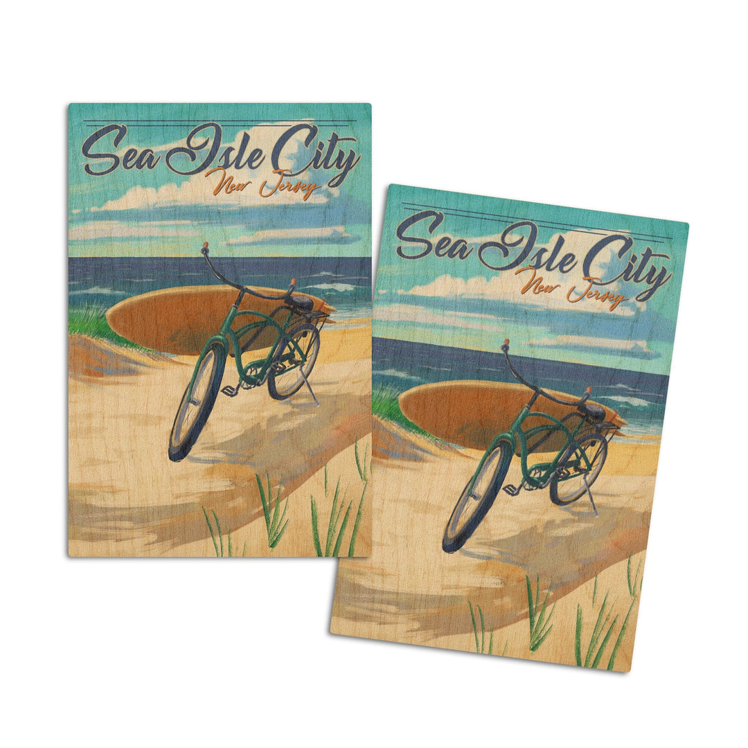Sea Isle City, New Jersey, Beach Cruiser on Beach, Lantern Press Artwork, Wood Signs and Postcards Wood Lantern Press 4x6 Wood Postcard Set 