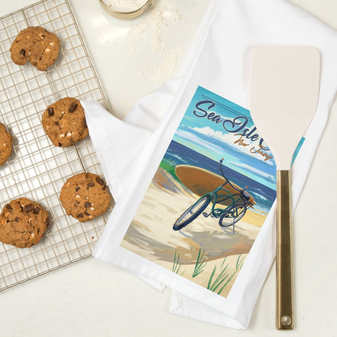 Sea Isle City, New Jersey, Beach Cruiser on Beach, Organic Cotton Kitchen Tea Towels Kitchen Lantern Press 