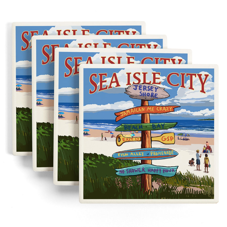 Sea Isle City, New Jersey, Destinations Sign, Lantern Press Artwork, Coaster Set Coasters Lantern Press 