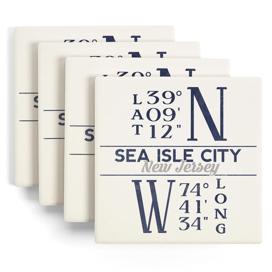 Sea Isle City, New Jersey, Latitude & Longitude, Lantern Press Artwork, Coaster Set Coasters Lantern Press 