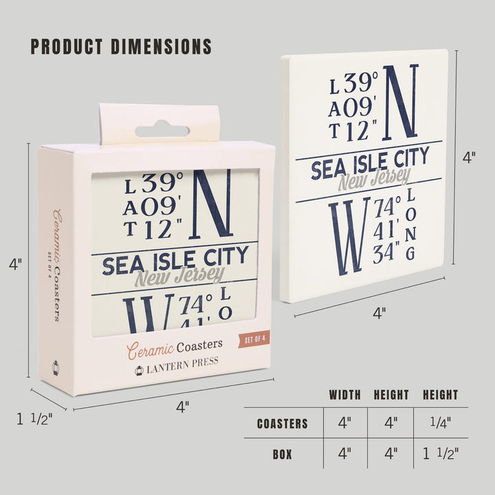 Sea Isle City, New Jersey, Latitude & Longitude, Lantern Press Artwork, Coaster Set Coasters Lantern Press 