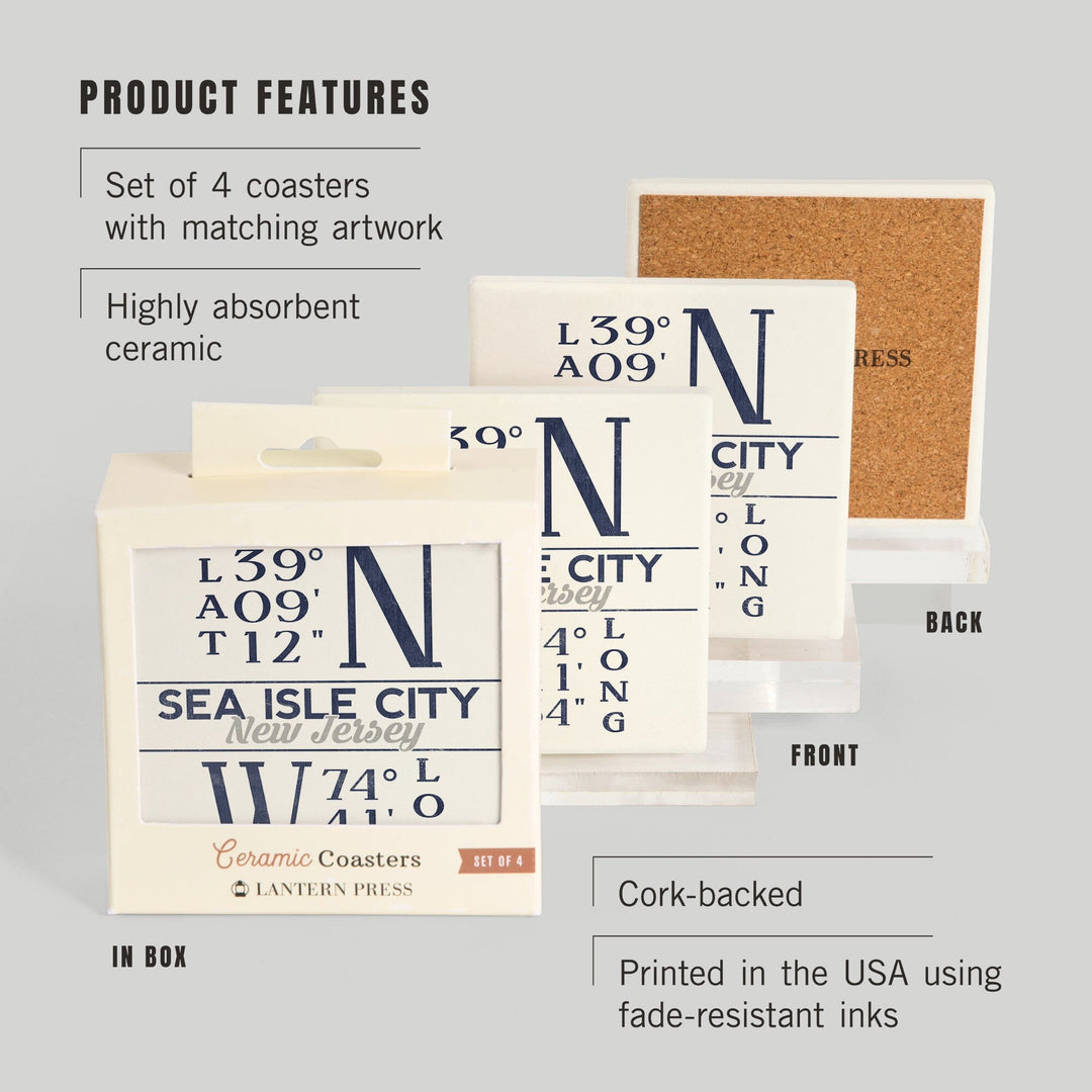 Sea Isle City, New Jersey, Latitude & Longitude, Lantern Press Artwork, Coaster Set Coasters Lantern Press 