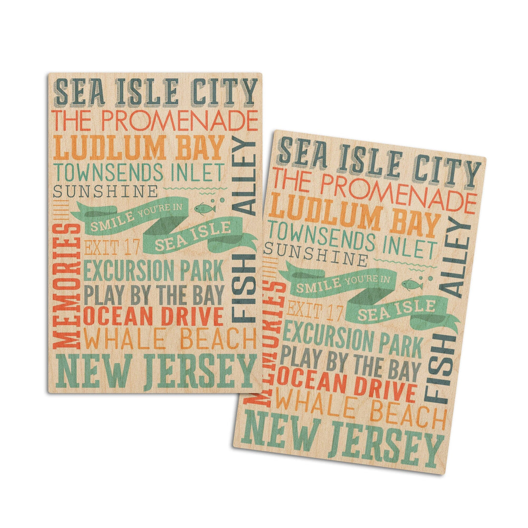 Sea Isle City, New Jersey, Townsend Inlet, Smile You're in Sea Isle, Typography, Lantern Press Artwork, Wood Signs and Postcards Wood Lantern Press 4x6 Wood Postcard Set 