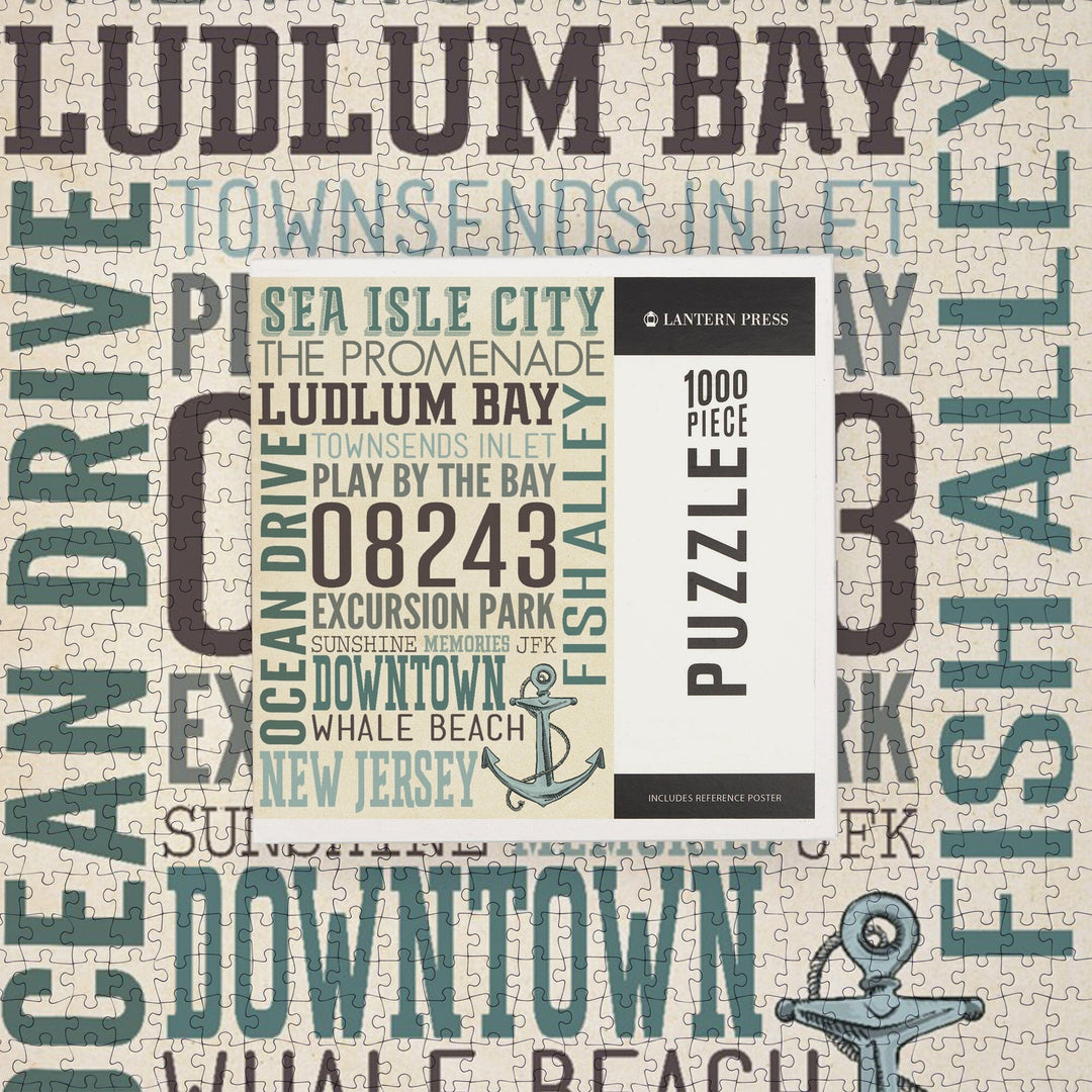 Sea Isle City, New Jersey, Townsend Inlet, Typography with Anchor, Jigsaw Puzzle Puzzle Lantern Press 