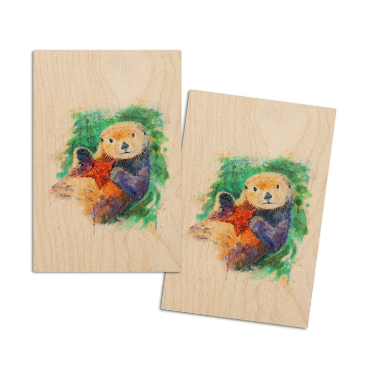 Sea Otter, Watercolor, Lantern Press Artwork, Wood Signs and Postcards Wood Lantern Press 4x6 Wood Postcard Set 