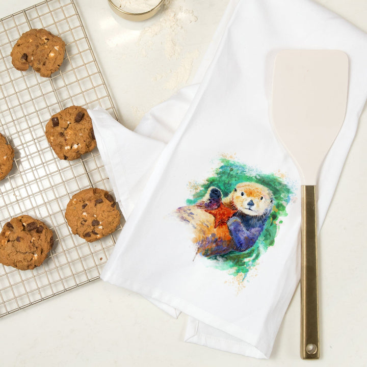 Sea Otter, Watercolor, Organic Cotton Kitchen Tea Towels Kitchen Lantern Press 