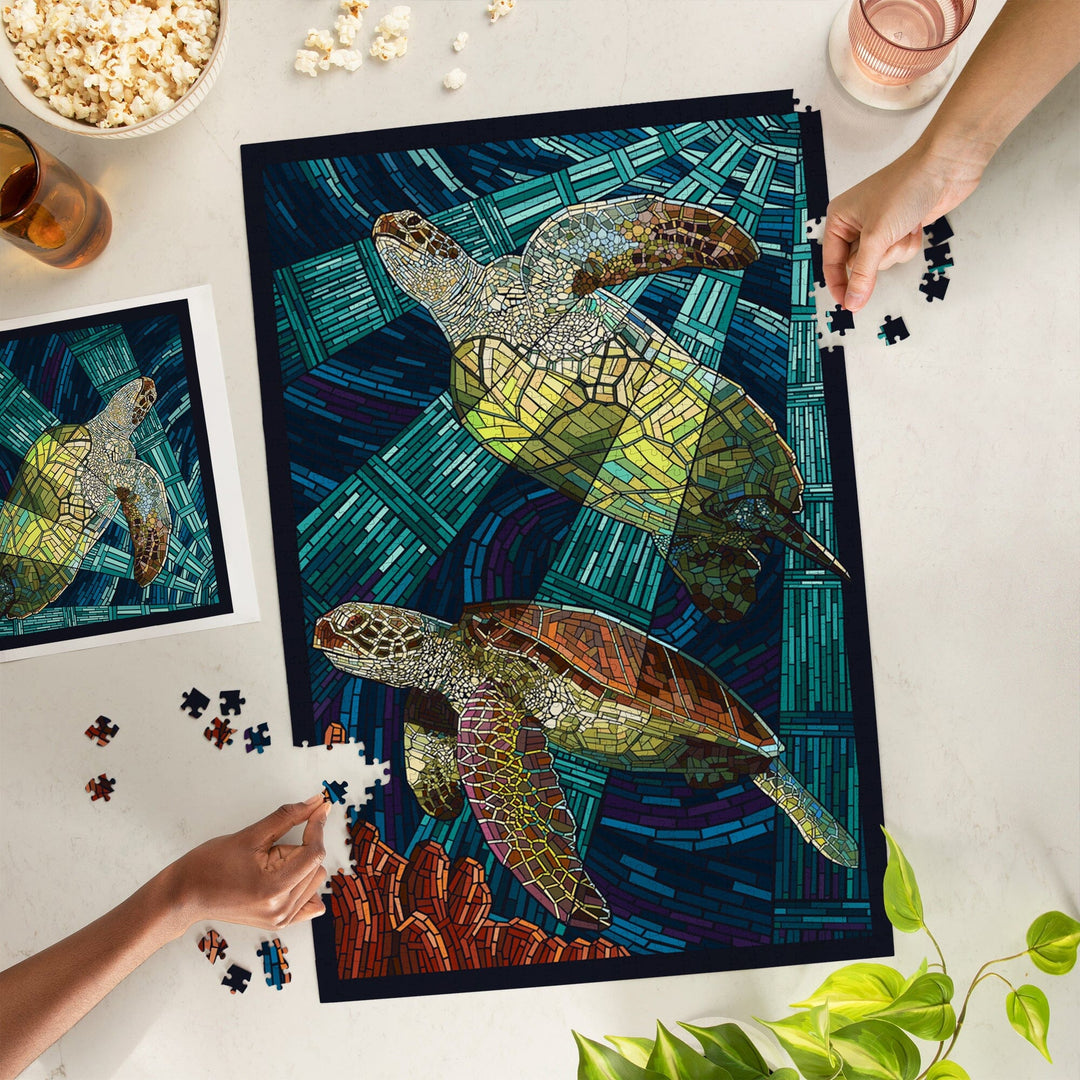 Sea Turtle, Paper Mosaic, Jigsaw Puzzle Puzzle Lantern Press 