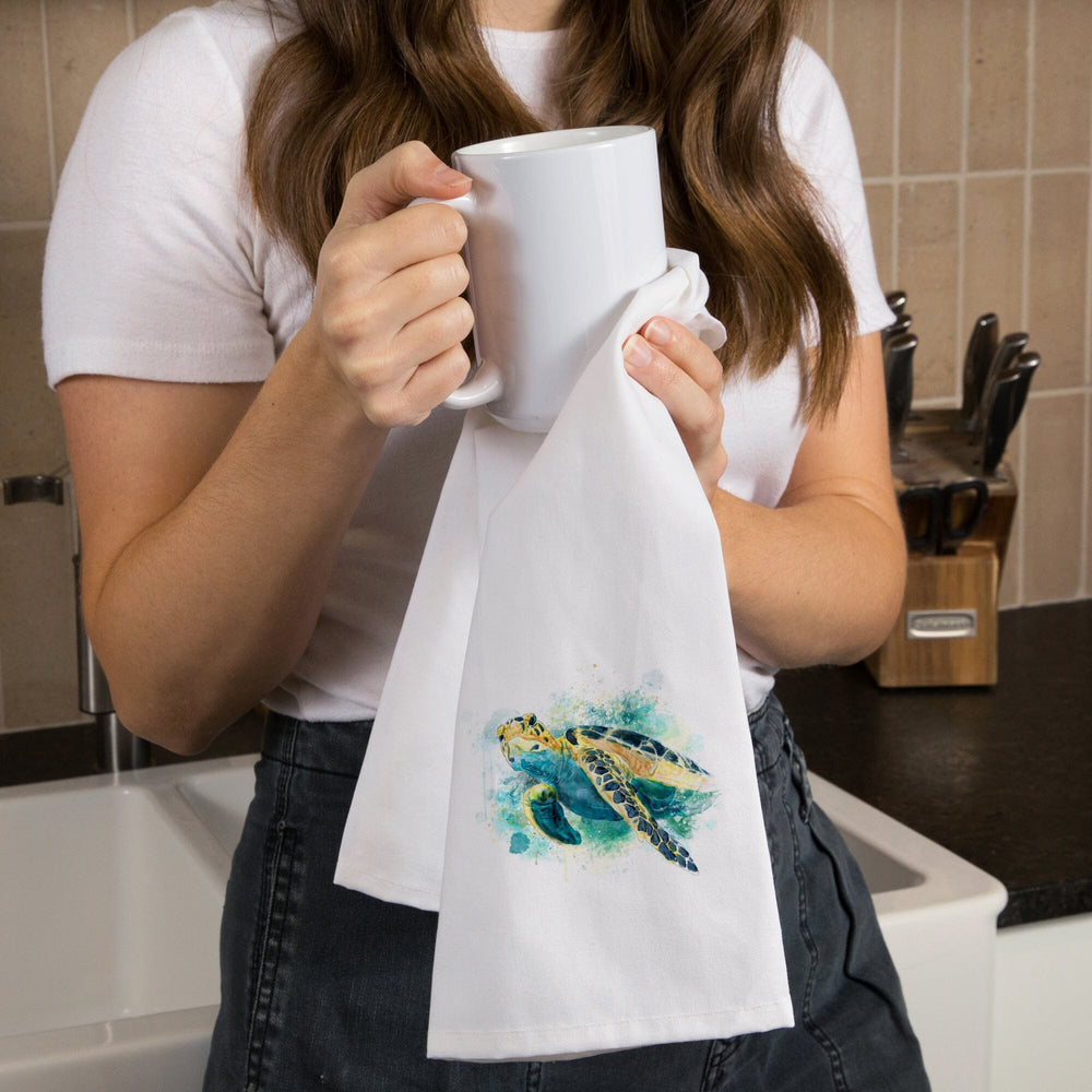 Sea Turtle, Watercolor, Organic Cotton Kitchen Tea Towels Kitchen Lantern Press 