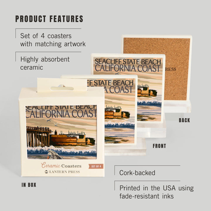 Seacliff State Beach, California Coast, Lantern Press Artwork, Coaster Set Coasters Lantern Press 