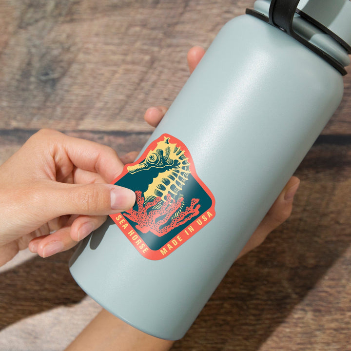 Seahorse Woodblock (Blue and Pink), Made in USA, Contour, Vinyl Sticker Sticker Lantern Press 