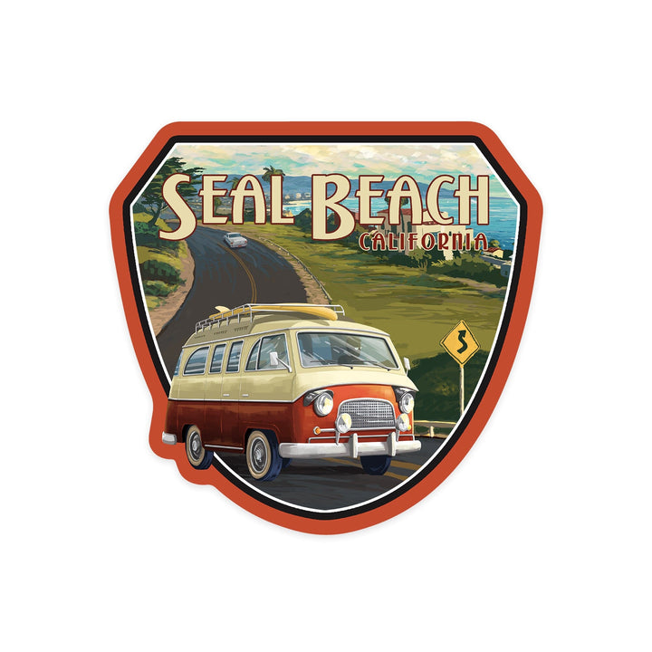 Seal Beach, California, Camper Van, Cruise, Contour, Vinyl Sticker Sticker Lantern Press 