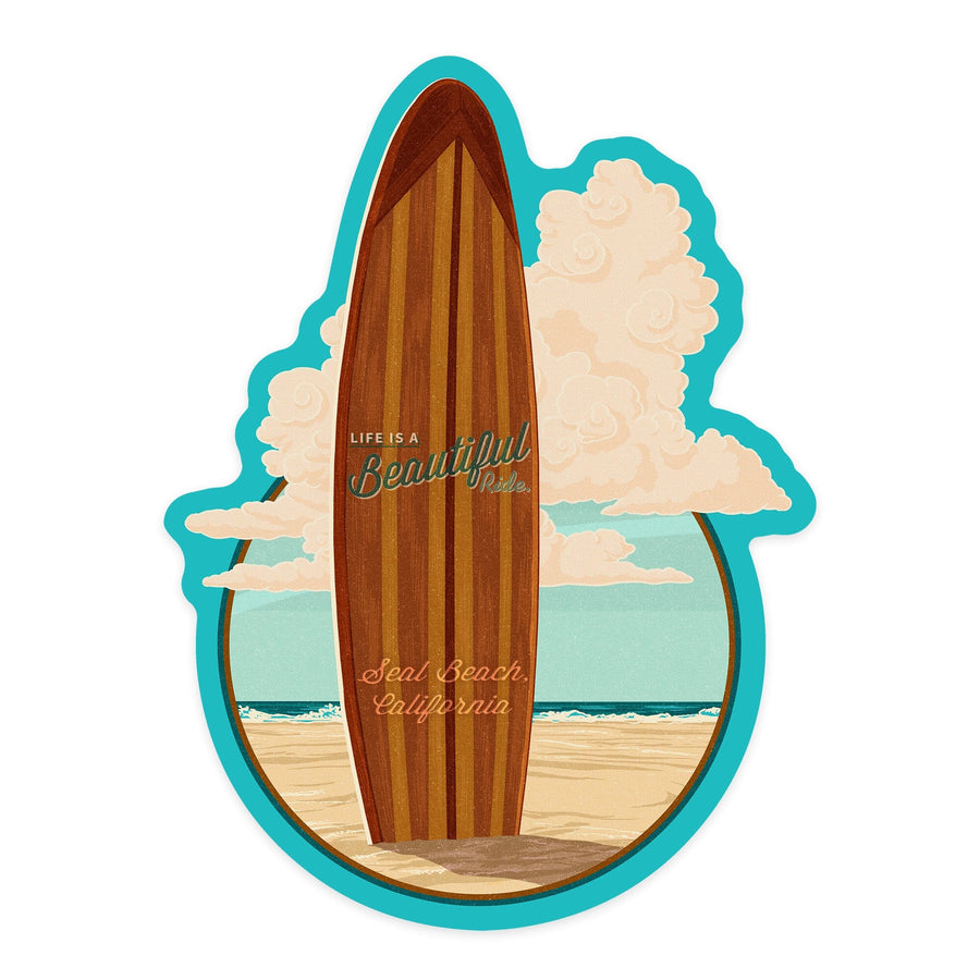 Seal Beach, California, Life is a Beautiful Ride, Surfboard, Contour, Letterpress Press, Vinyl Sticker Sticker Lantern Press 