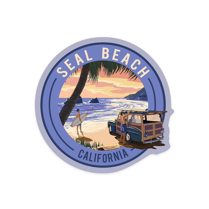 Seal Beach, California, Woody on Beach, Contour, Vinyl Sticker Sticker Lantern Press 