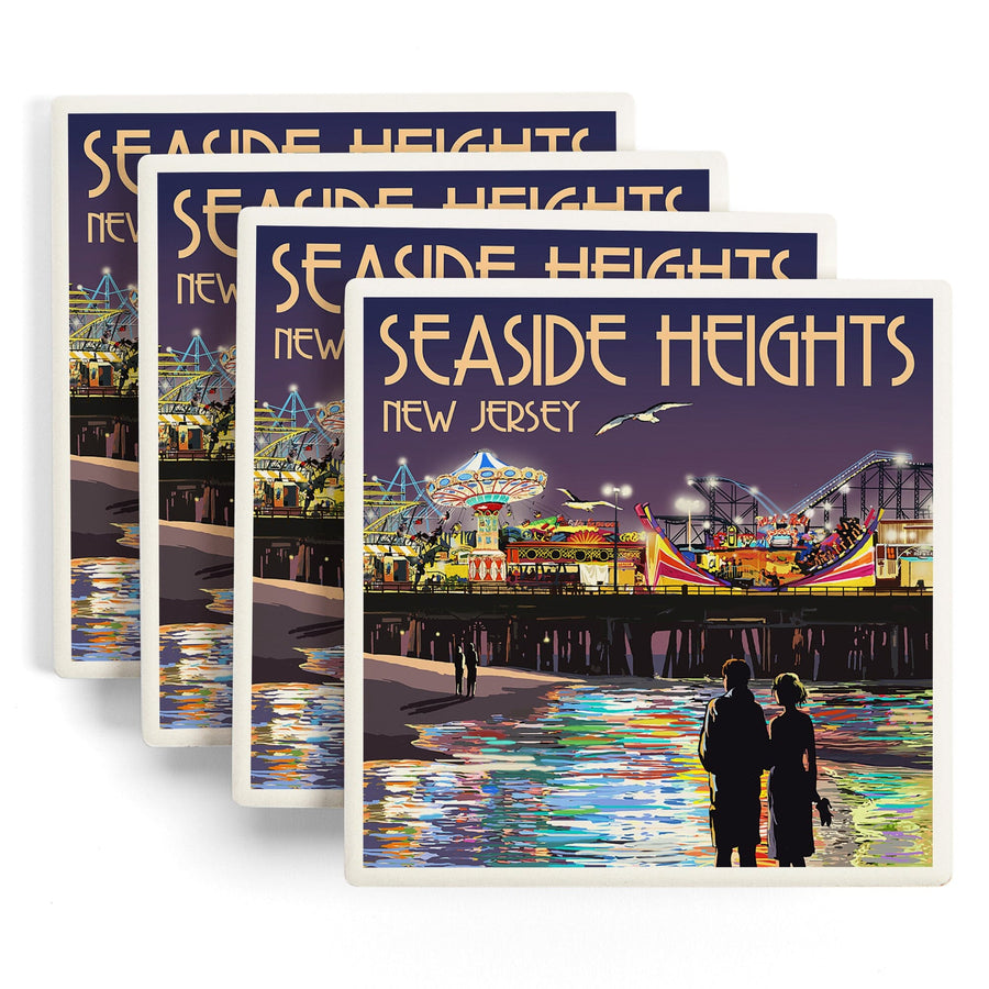 Seaside Heights, New Jersey, Pier at Night, Lantern Press Artwork, Coaster Set Coasters Lantern Press 