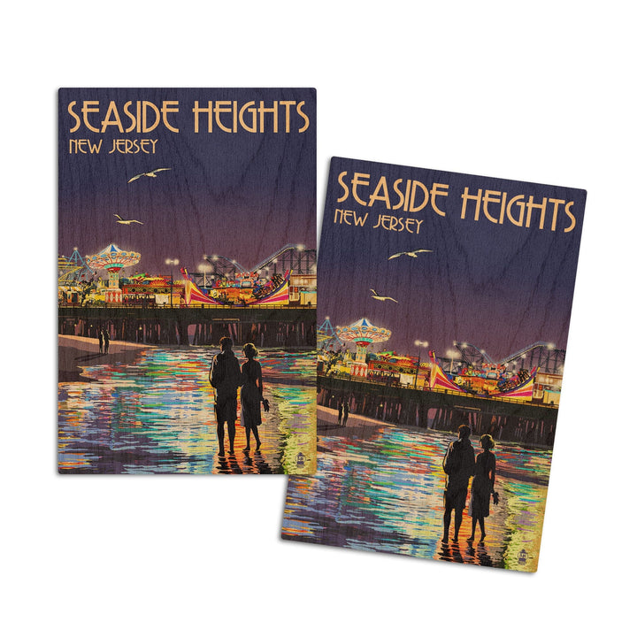 Seaside Heights, New Jersey, Pier at Night, Lantern Press Artwork, Wood Signs and Postcards Wood Lantern Press 4x6 Wood Postcard Set 