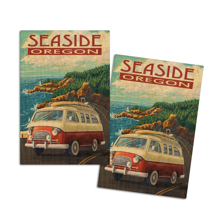 Seaside, Oregon, Camper Van, Lantern Press Artwork, Wood Signs and Postcards Wood Lantern Press 4x6 Wood Postcard Set 