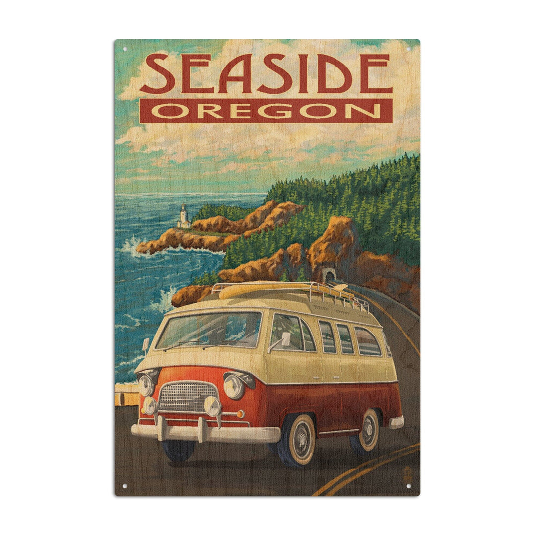 Seaside, Oregon, Camper Van, Lantern Press Artwork, Wood Signs and Postcards Wood Lantern Press 6x9 Wood Sign 