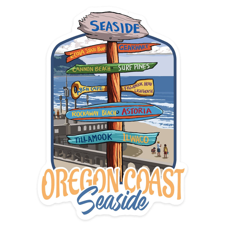 Seaside, Oregon, Destination Signpost, Contour, Lantern Press Artwork, Vinyl Sticker Sticker Lantern Press 