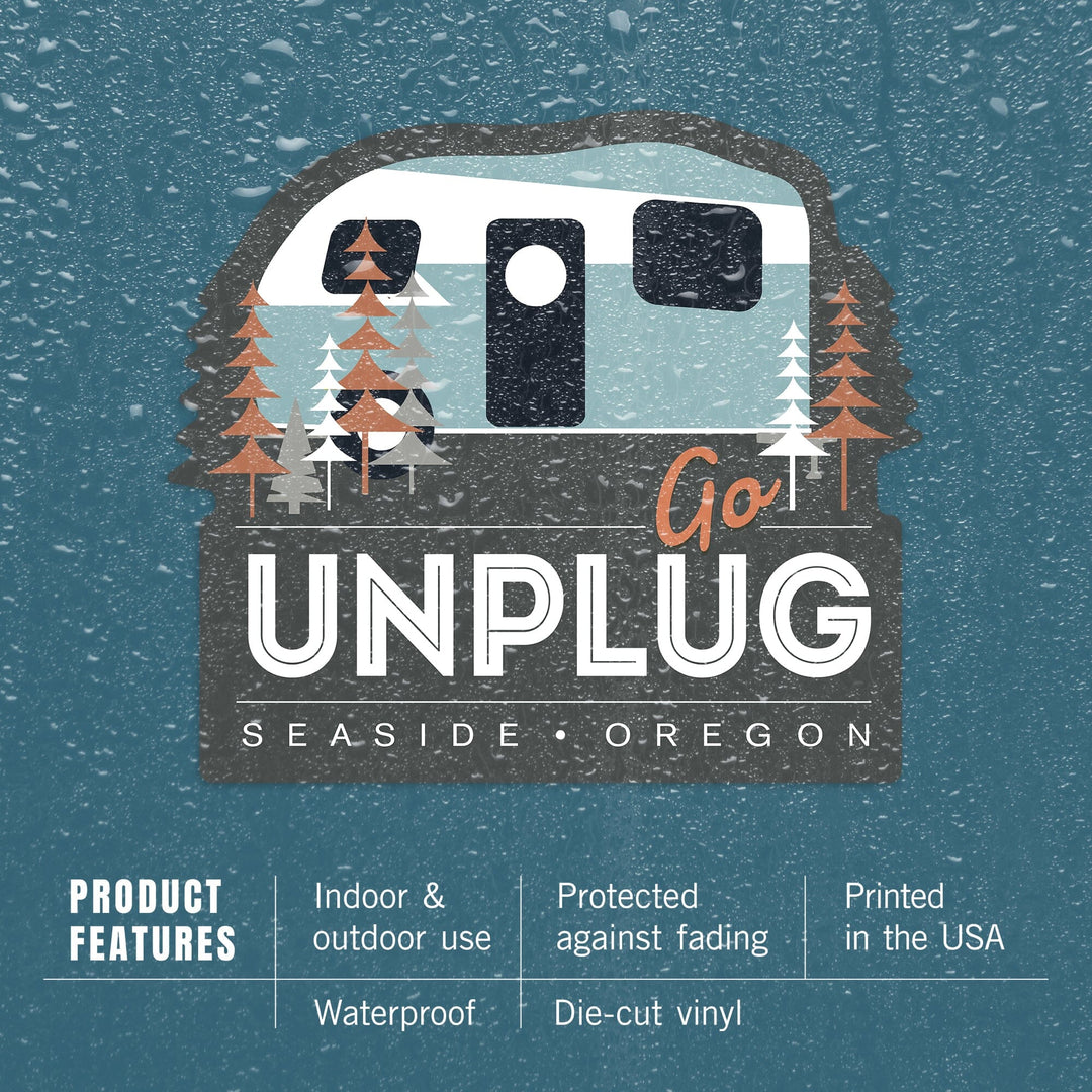 Seaside, Oregon, Go Unplug, Retro Camper, Contour, Vinyl Sticker Sticker Lantern Press 