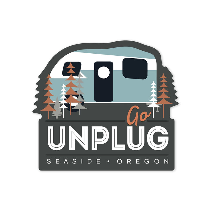 Seaside, Oregon, Go Unplug, Retro Camper, Contour, Vinyl Sticker Sticker Lantern Press 