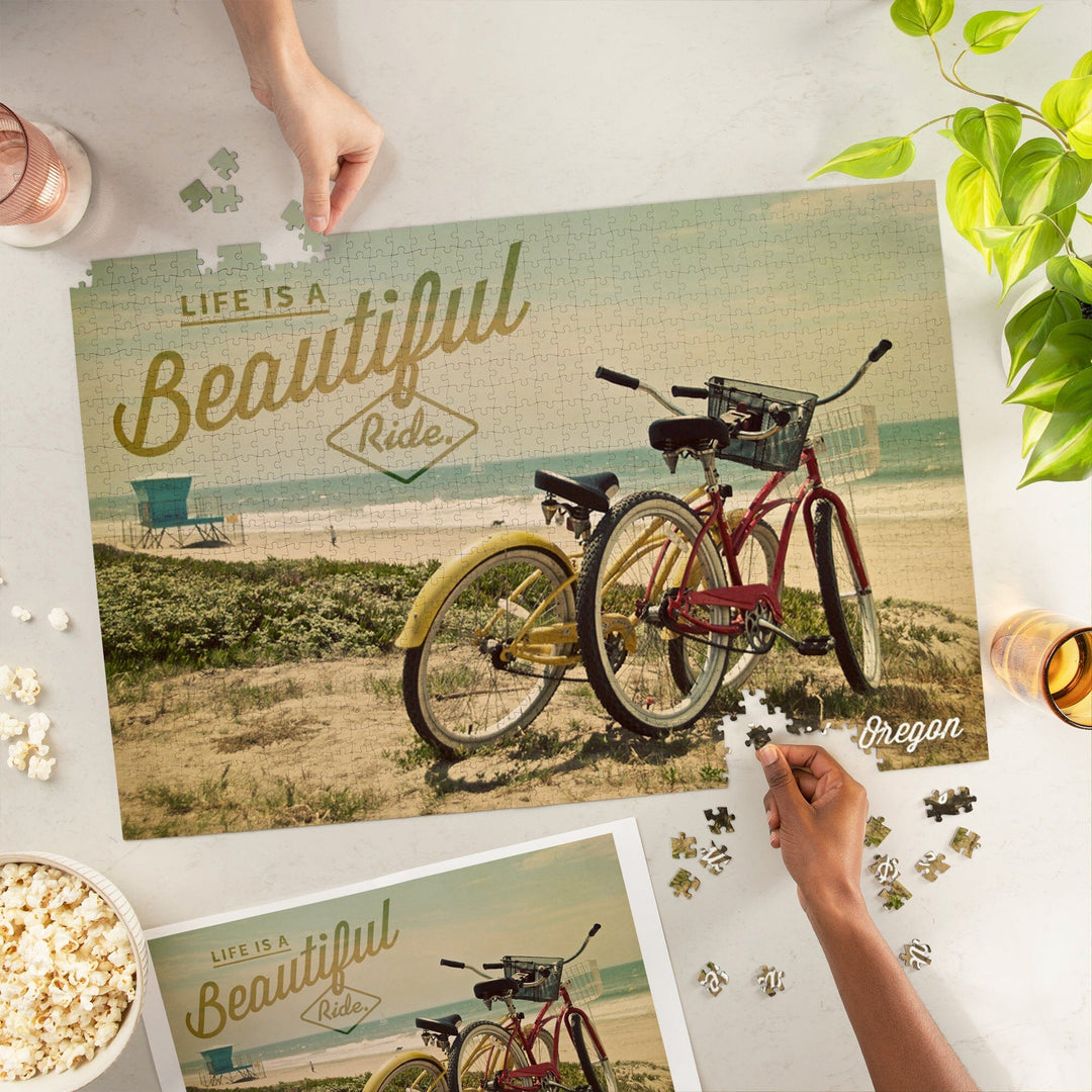 Seaside, Oregon, Life is a Beautiful Ride, Bicycles and Beach Scene, Photograph, Jigsaw Puzzle Puzzle Lantern Press 