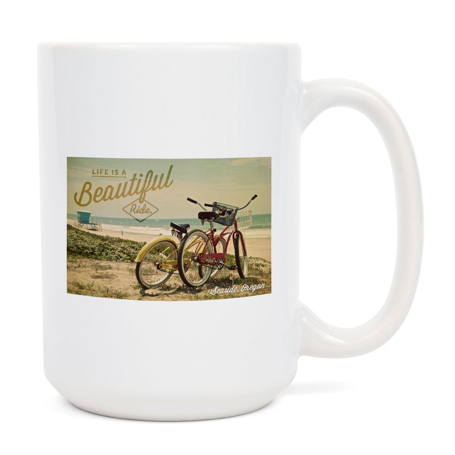 Seaside, Oregon, Life is a Beautiful Ride, Bicycles & Beach Scene, Photograph, Ceramic Mug Mugs Lantern Press 