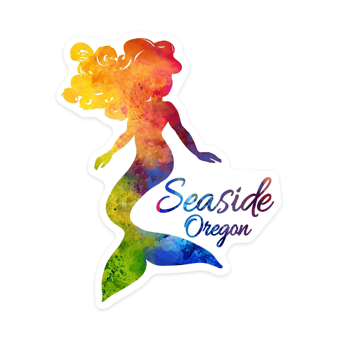 Seaside, Oregon, Mermaid Silhouette, Rainbow Watercolor, Contour, Vinyl Sticker Sticker Lantern Press 