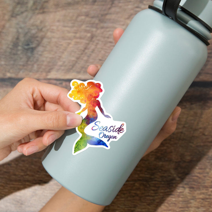 Seaside, Oregon, Mermaid Silhouette, Rainbow Watercolor, Contour, Vinyl Sticker Sticker Lantern Press 