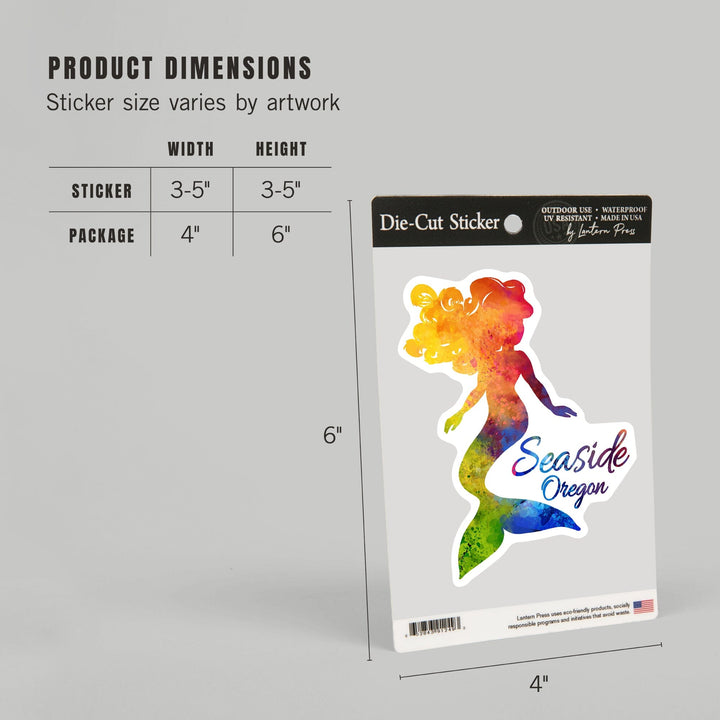 Seaside, Oregon, Mermaid Silhouette, Rainbow Watercolor, Contour, Vinyl Sticker Sticker Lantern Press 