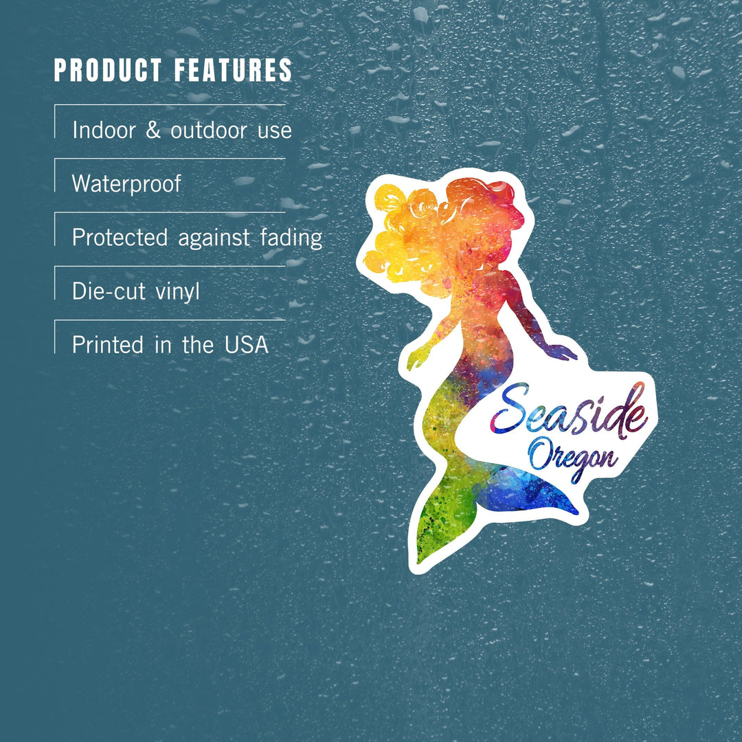 Seaside, Oregon, Mermaid Silhouette, Rainbow Watercolor, Contour, Vinyl Sticker Sticker Lantern Press 