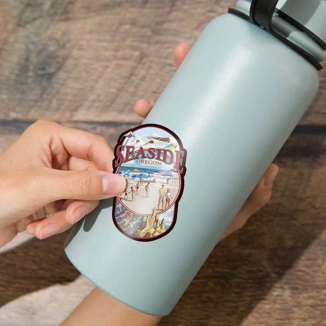Seaside, Oregon, Montage, Contour, Vinyl Sticker Sticker Lantern Press 