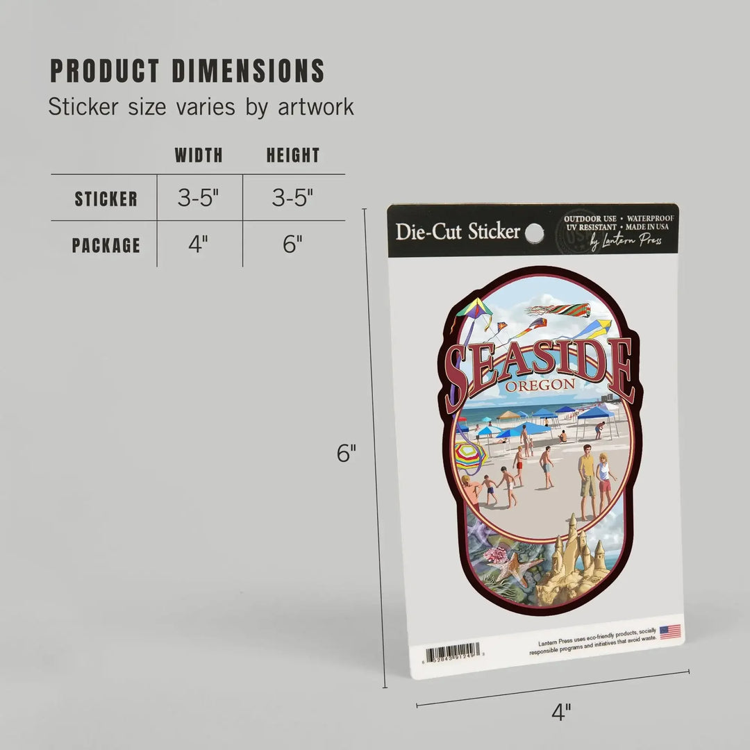 Seaside, Oregon, Montage, Contour, Vinyl Sticker Sticker Lantern Press 