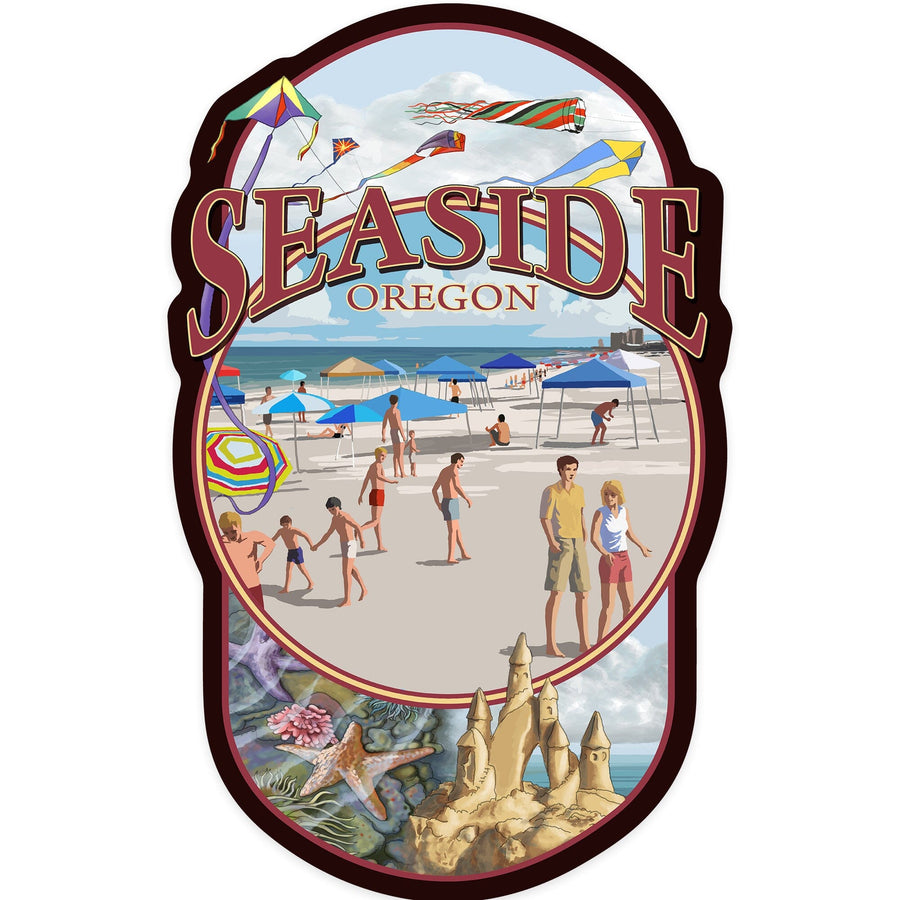 Seaside, Oregon, Montage, Contour, Vinyl Sticker Sticker Lantern Press 