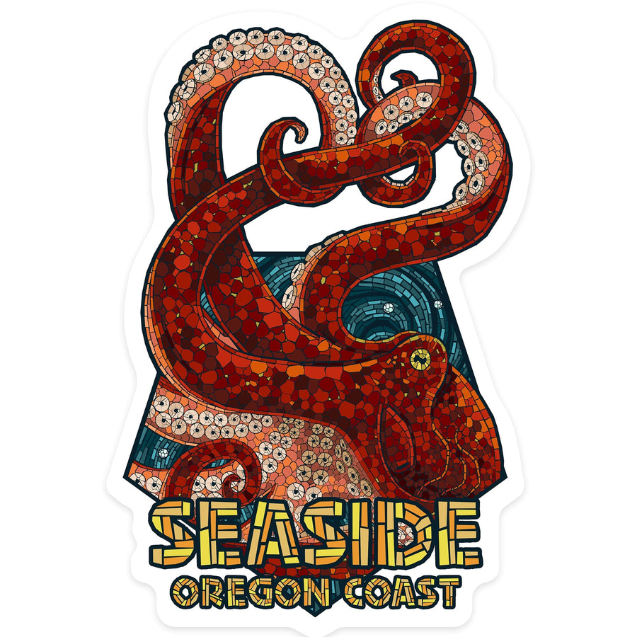 Seaside, Oregon, Mosaic Octopus, Contour, Lantern Press Artwork, Vinyl Sticker Sticker Lantern Press 