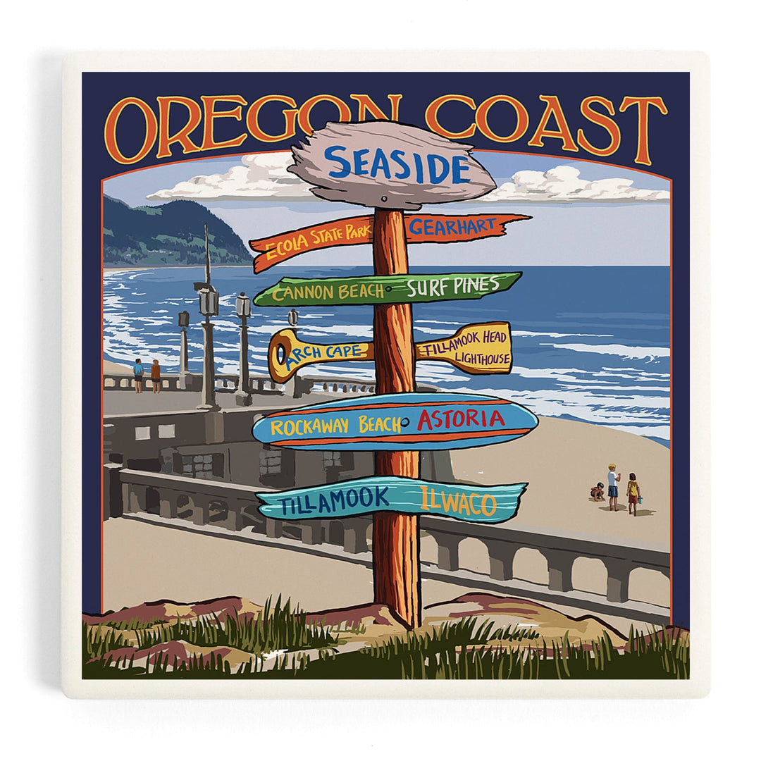 Seaside, Oregon, Signpost, Coasters Coasters Lantern Press Coaster 