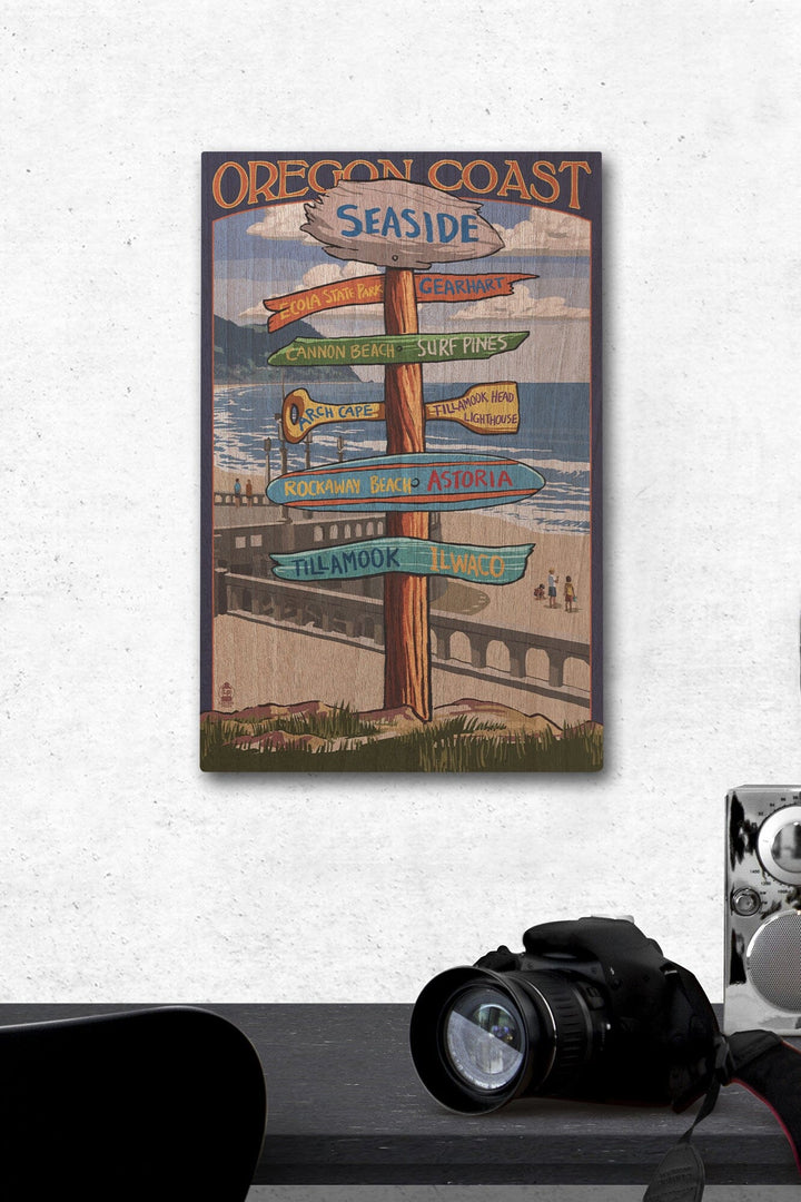 Seaside, Oregon, Signpost, Lantern Press Artwork, Wood Signs and Postcards Wood Lantern Press 12 x 18 Wood Gallery Print 