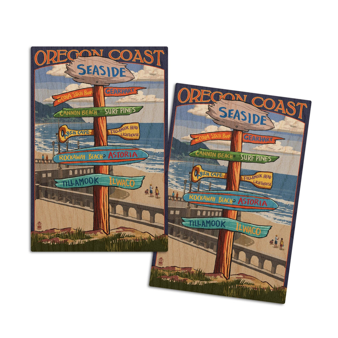 Seaside, Oregon, Signpost, Lantern Press Artwork, Wood Signs and Postcards Wood Lantern Press 4x6 Wood Postcard Set 