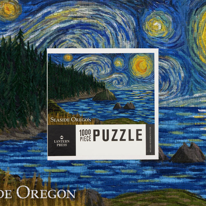 Seaside, Oregon, Trees and Shore, Starry Night, Jigsaw Puzzle Puzzle Lantern Press 