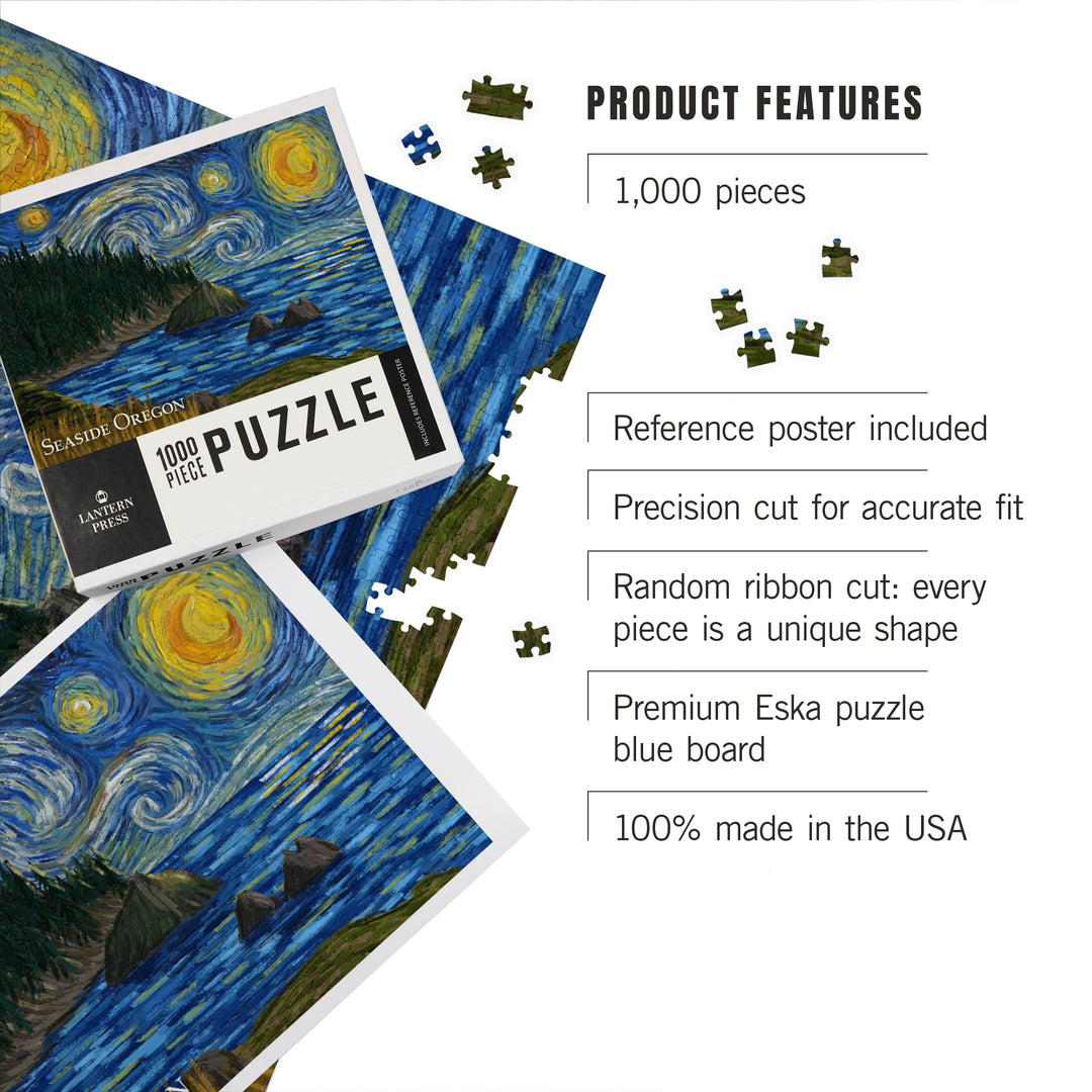 Seaside, Oregon, Trees and Shore, Starry Night, Jigsaw Puzzle Puzzle Lantern Press 