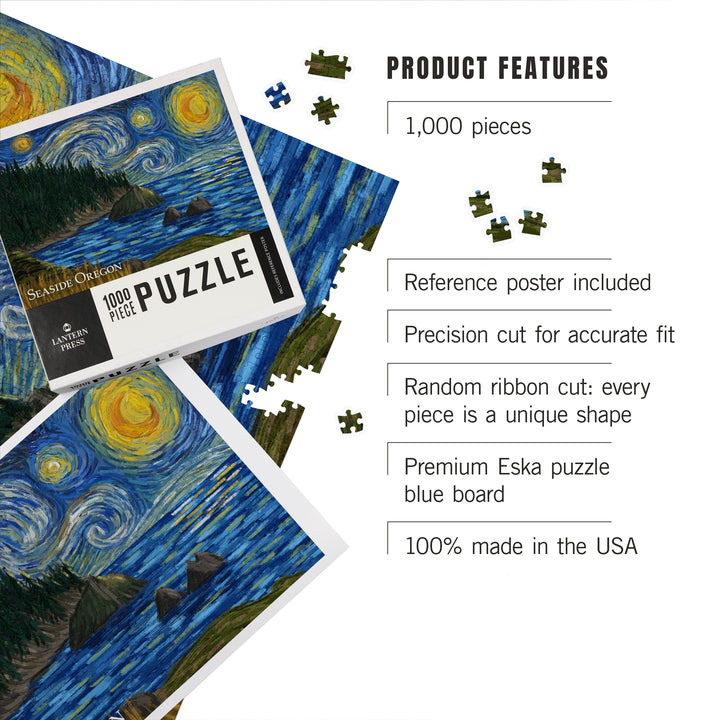 Seaside, Oregon, Trees and Shore, Starry Night, Jigsaw Puzzle Puzzle Lantern Press 