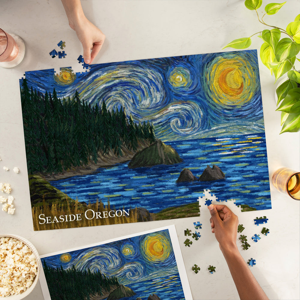 Seaside, Oregon, Trees and Shore, Starry Night, Jigsaw Puzzle Puzzle Lantern Press 