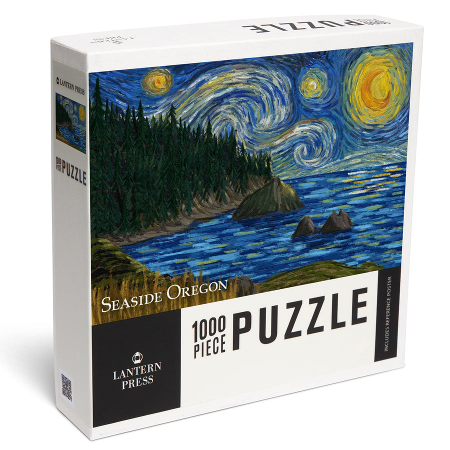 Seaside, Oregon, Trees and Shore, Starry Night, Jigsaw Puzzle Puzzle Lantern Press 