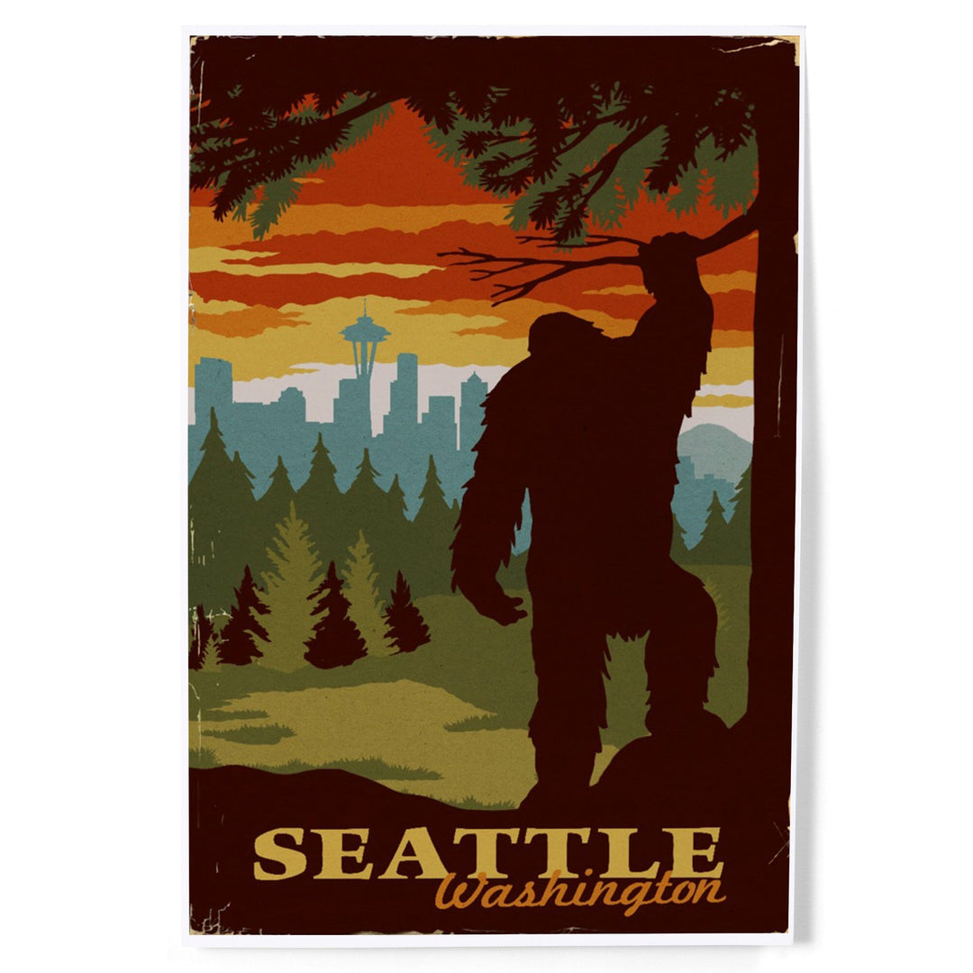 Seattle Skyline, Bigfoot, WPA Style, Art & Giclee Prints Art Lantern Press 