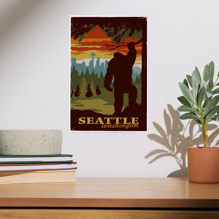 Seattle Skyline, Bigfoot, WPA Style, Art & Giclee Prints Art Lantern Press 