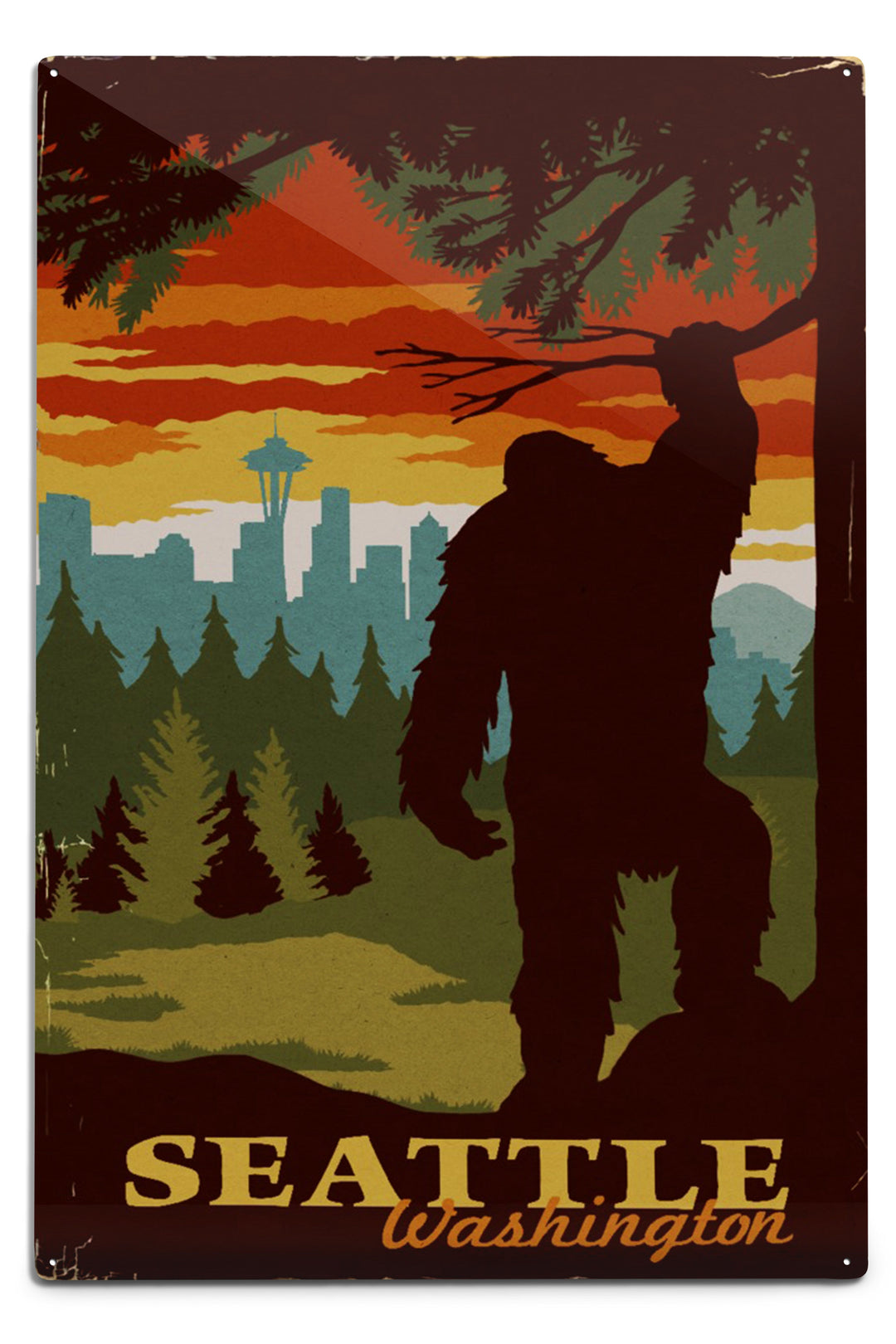 Seattle Skyline, Bigfoot, WPA Style, Art & Giclee Prints Art Lantern Press 8 x 12 Art Print 