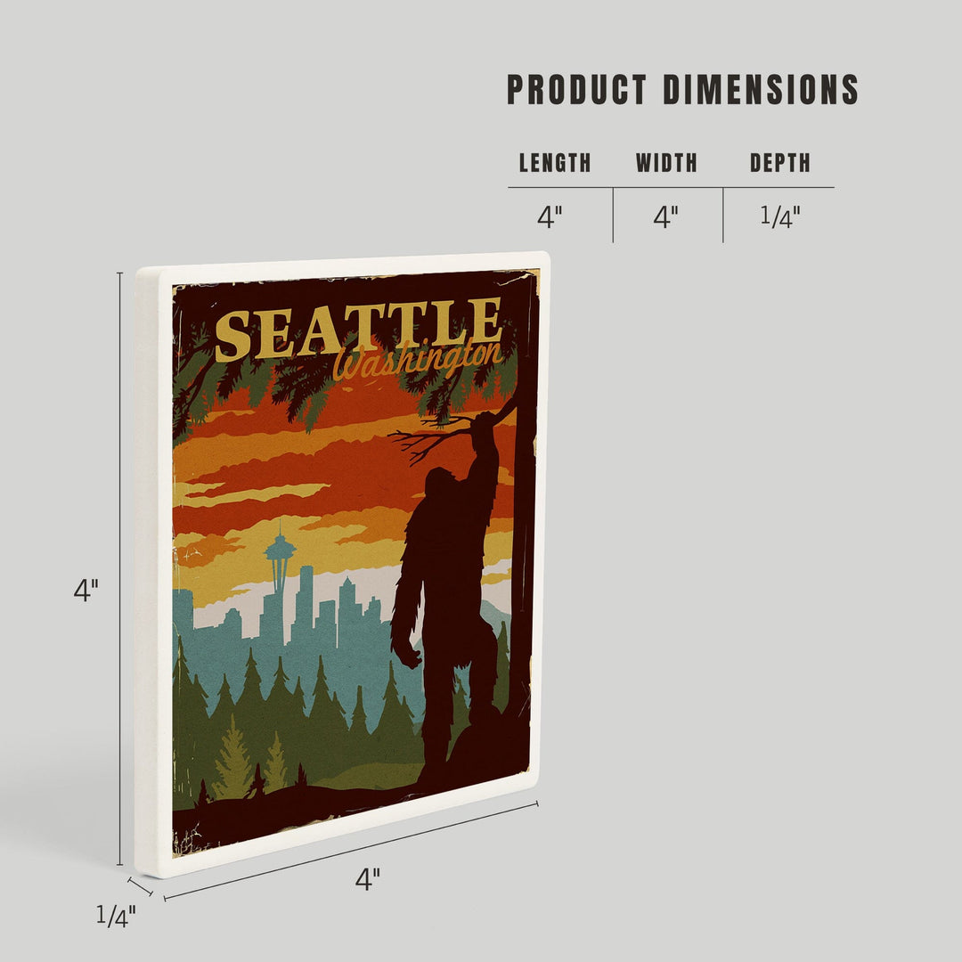 Seattle Skyline, Bigfoot, WPA Style, Coasters Coasters Lantern Press 