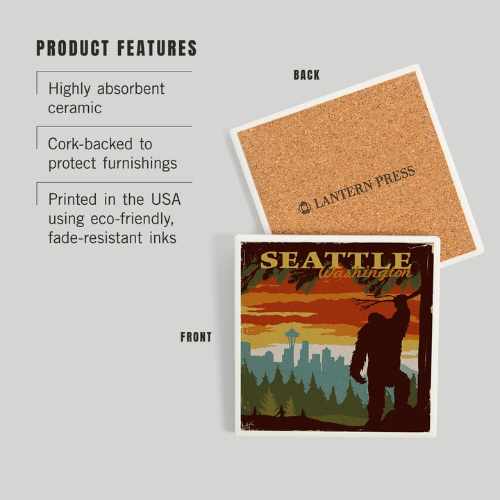 Seattle Skyline, Bigfoot, WPA Style, Coasters Coasters Lantern Press 