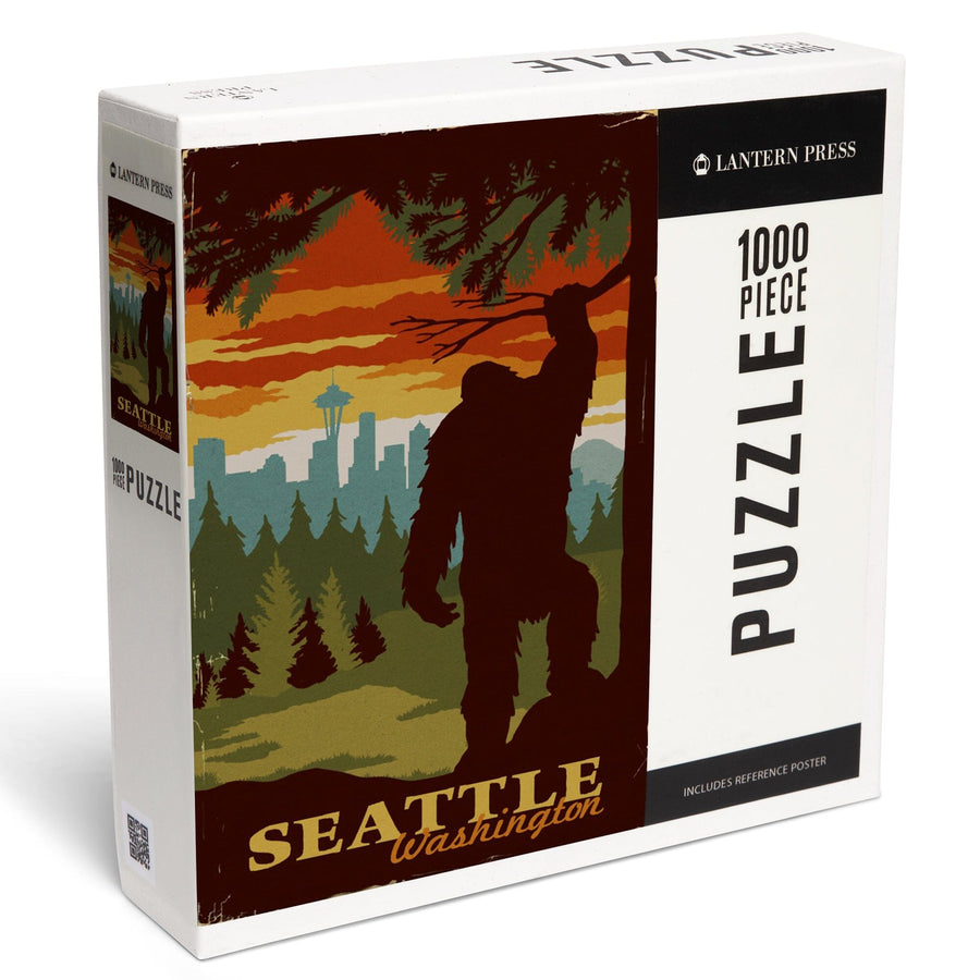 Seattle Skyline, Bigfoot, WPA Style, Jigsaw Puzzle Puzzle Lantern Press 