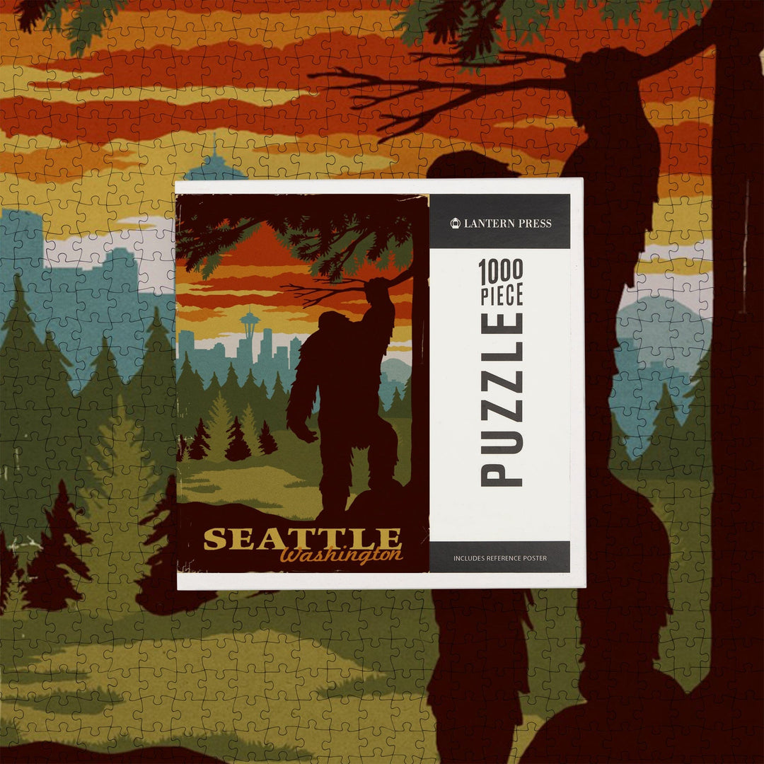 Seattle Skyline, Bigfoot, WPA Style, Jigsaw Puzzle Puzzle Lantern Press 