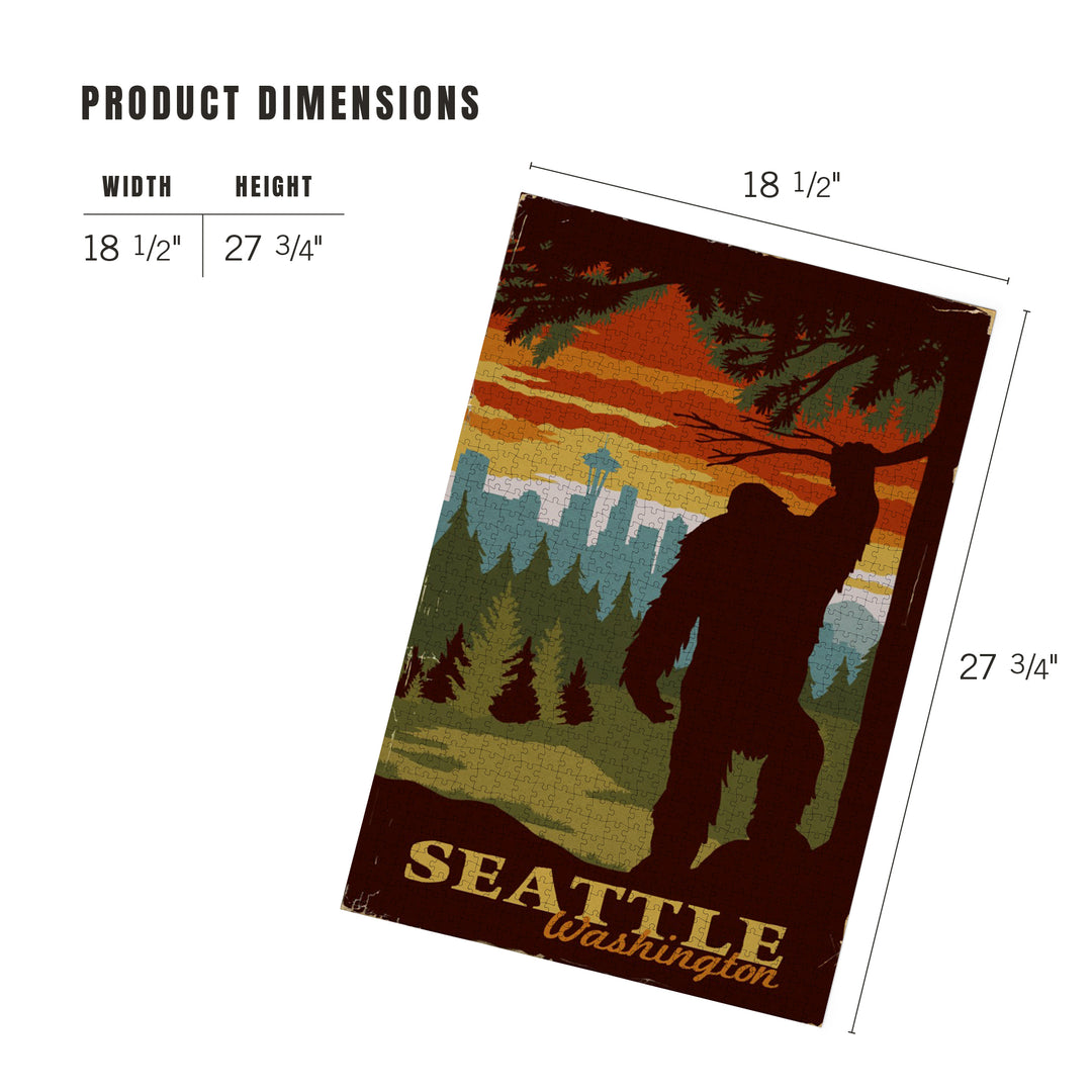 Seattle Skyline, Bigfoot, WPA Style, Jigsaw Puzzle Puzzle Lantern Press 